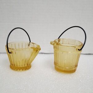 2 Vintage Miniature Yellow Amber Glass‎ Ash Bucket Water Pail with Metal Handles